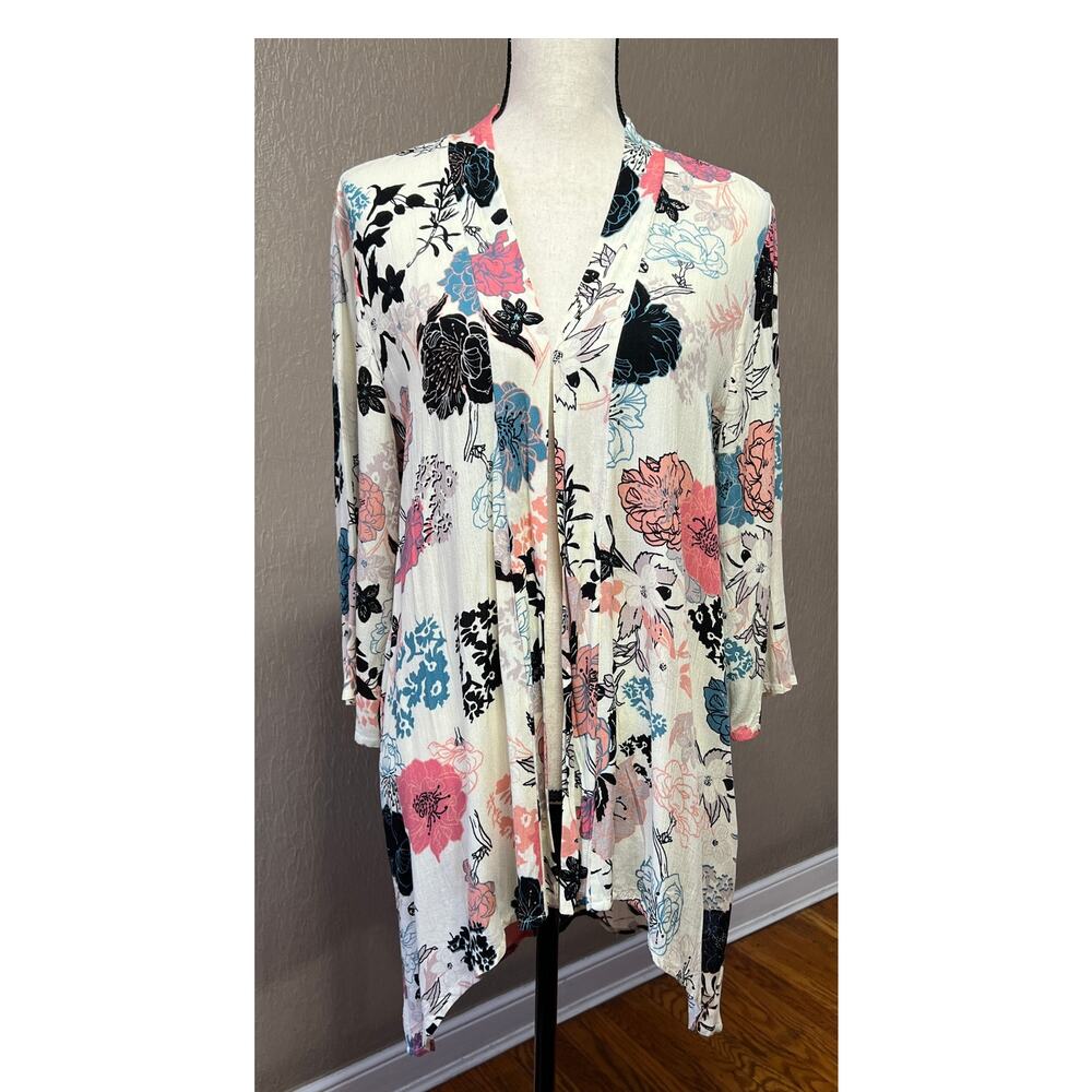 Pink Clover Women's Floral Kimono Cardigan Semi-Sheer Beige 3/4 Sleeves Size XS
